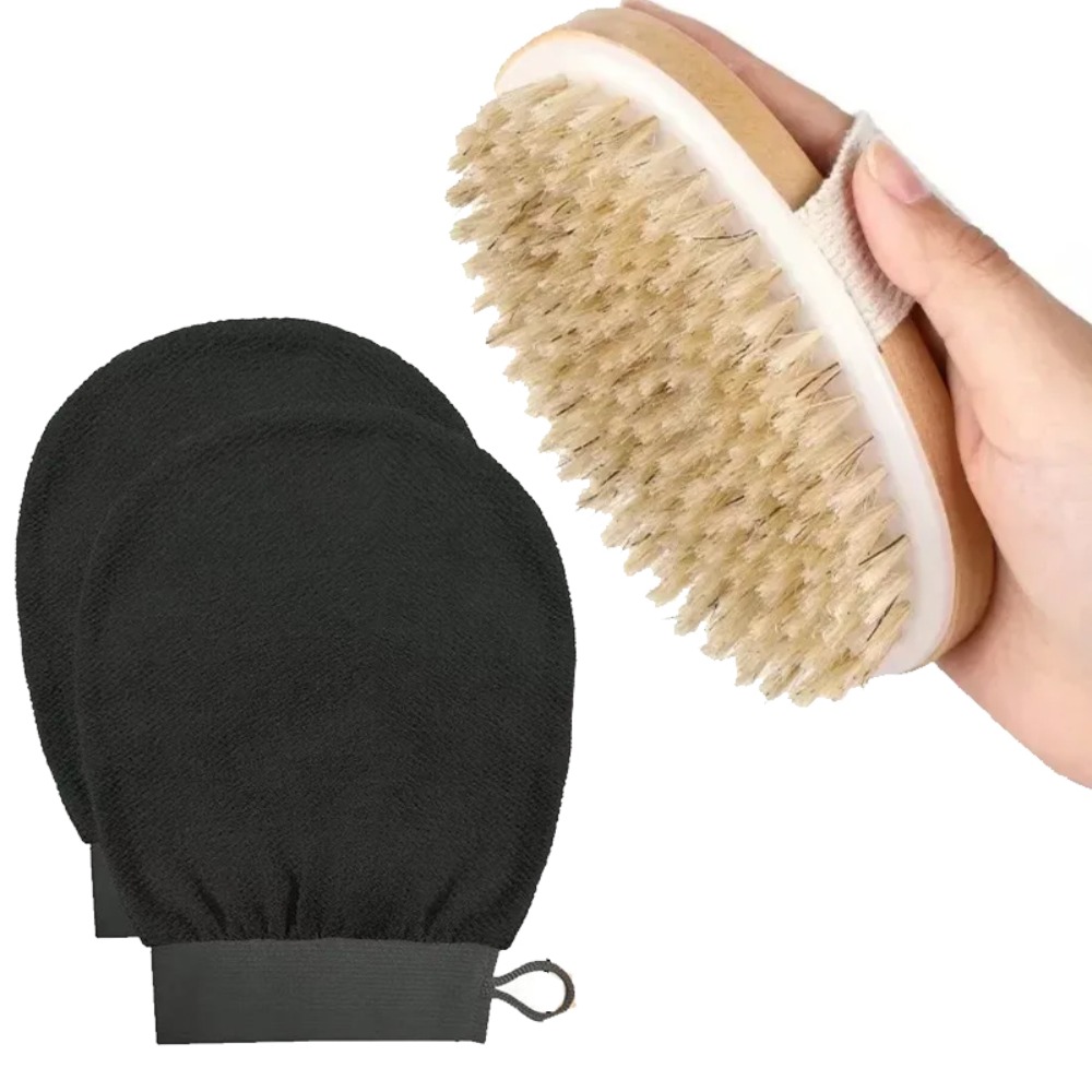 Dry Brush Body - 2-teiliges Körper-Peeling-Set Trockenbürste Peeling-Handschuhe Naturborstenbürste Trockenbürsten